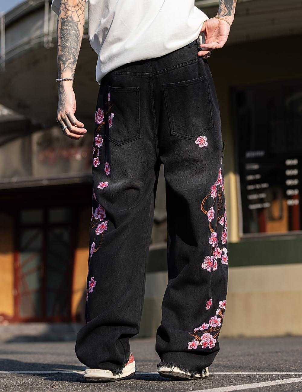Men'S Y2K Hip Hop Baggy Jeans, Embroidered Wide Leg Loose Fit Skater Streetwear Denim Pants