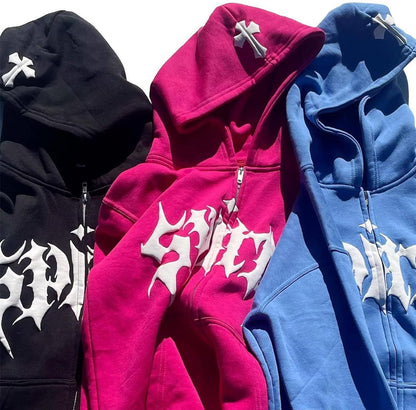 Women Men Cross Graphic Hoodies Y2K Jacket Fashion Aesthetic Sweatshirt Gothic Long Sleeve Letter Print Hoodies