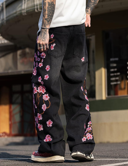 Men'S Y2K Hip Hop Baggy Jeans, Embroidered Wide Leg Loose Fit Skater Streetwear Denim Pants