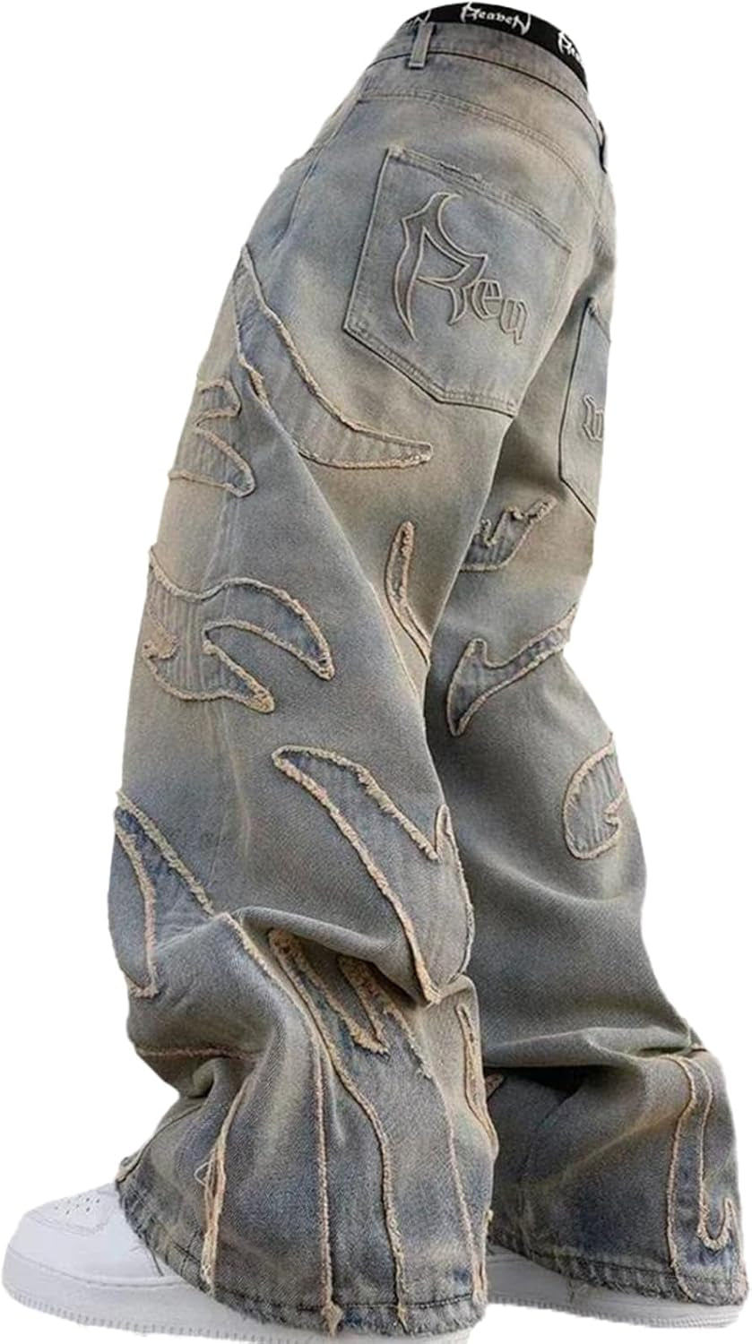 Men'S Loose Casual Pants American Y2K Retro Harajuku Style Bat Pattern Embroidered Jeans Fashionable Streetwear