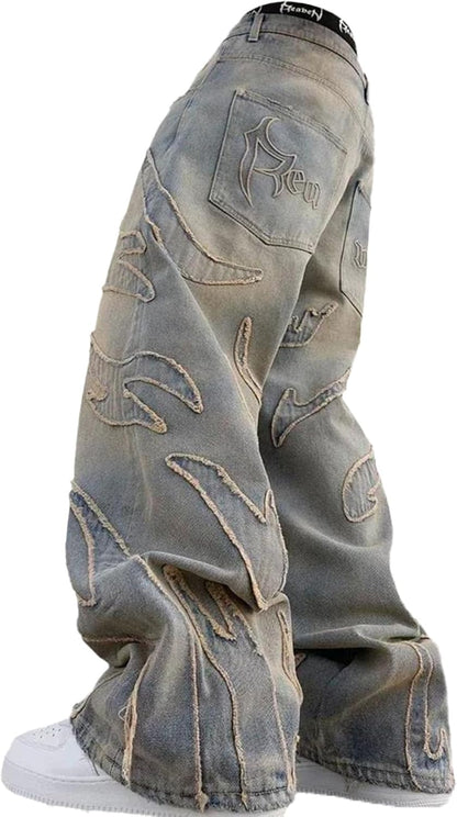 Men'S Loose Casual Pants American Y2K Retro Harajuku Style Bat Pattern Embroidered Jeans Fashionable Streetwear