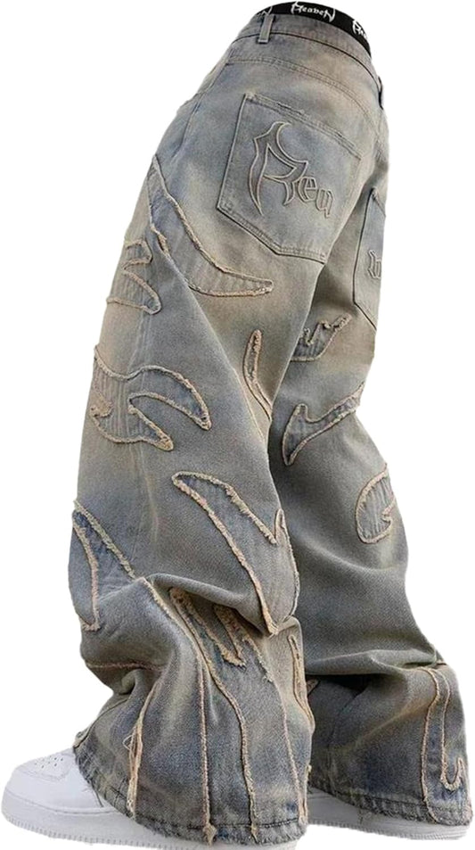 Men'S Loose Casual Pants American Y2K Retro Harajuku Style Bat Pattern Embroidered Jeans Fashionable Streetwear