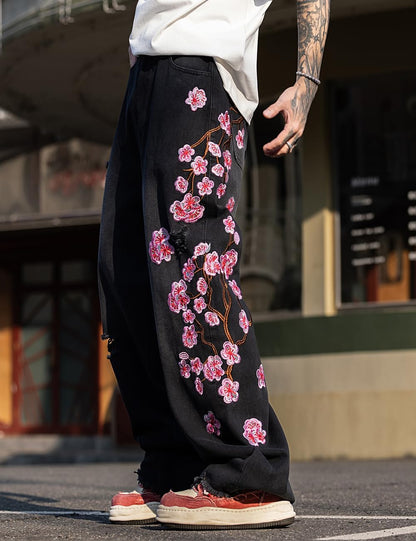 Men'S Y2K Hip Hop Baggy Jeans, Embroidered Wide Leg Loose Fit Skater Streetwear Denim Pants