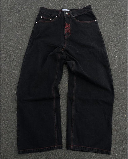 Y2K Jeans Men'S Hip Hop Vintage Skull Embroidery Wash Denim Pants Gothic Straight Tube Loose Wide Leg Pants
