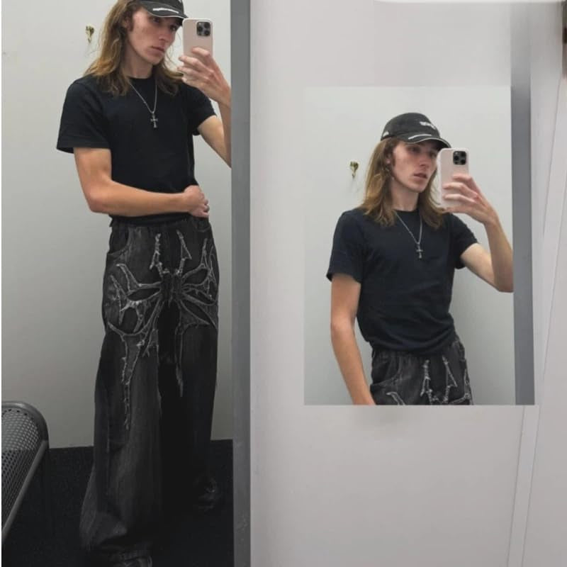Men'S Jeans Gothic Spider Embroidery Patch Pants Y2K Distressed Wide Leg Denim Oversized Baggy Streetwear Trousers