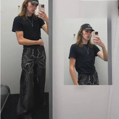Men'S Jeans Gothic Spider Embroidery Patch Pants Y2K Distressed Wide Leg Denim Oversized Baggy Streetwear Trousers