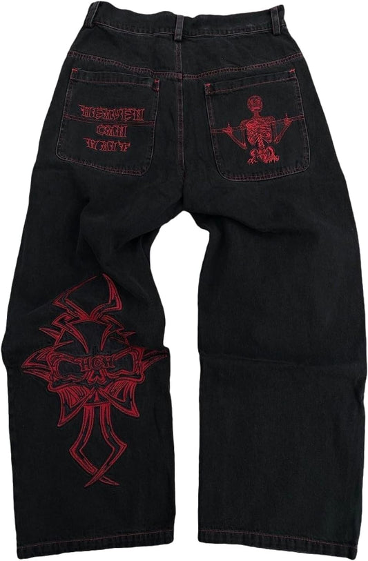 Y2K Jeans Men'S Hip Hop Vintage Skull Embroidery Wash Denim Pants Gothic Straight Tube Loose Wide Leg Pants