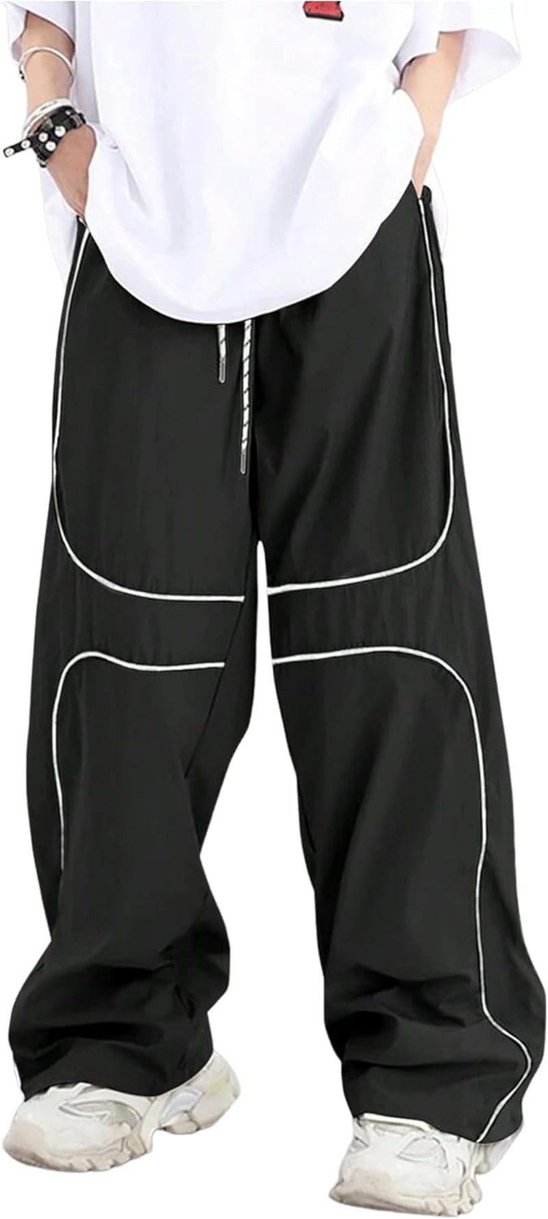 Mens Baggy Pants Y2K Contrast Piping Drawstring Sweatpants Fashion Unisex Oversized Cargo Pants for Men with Pockets