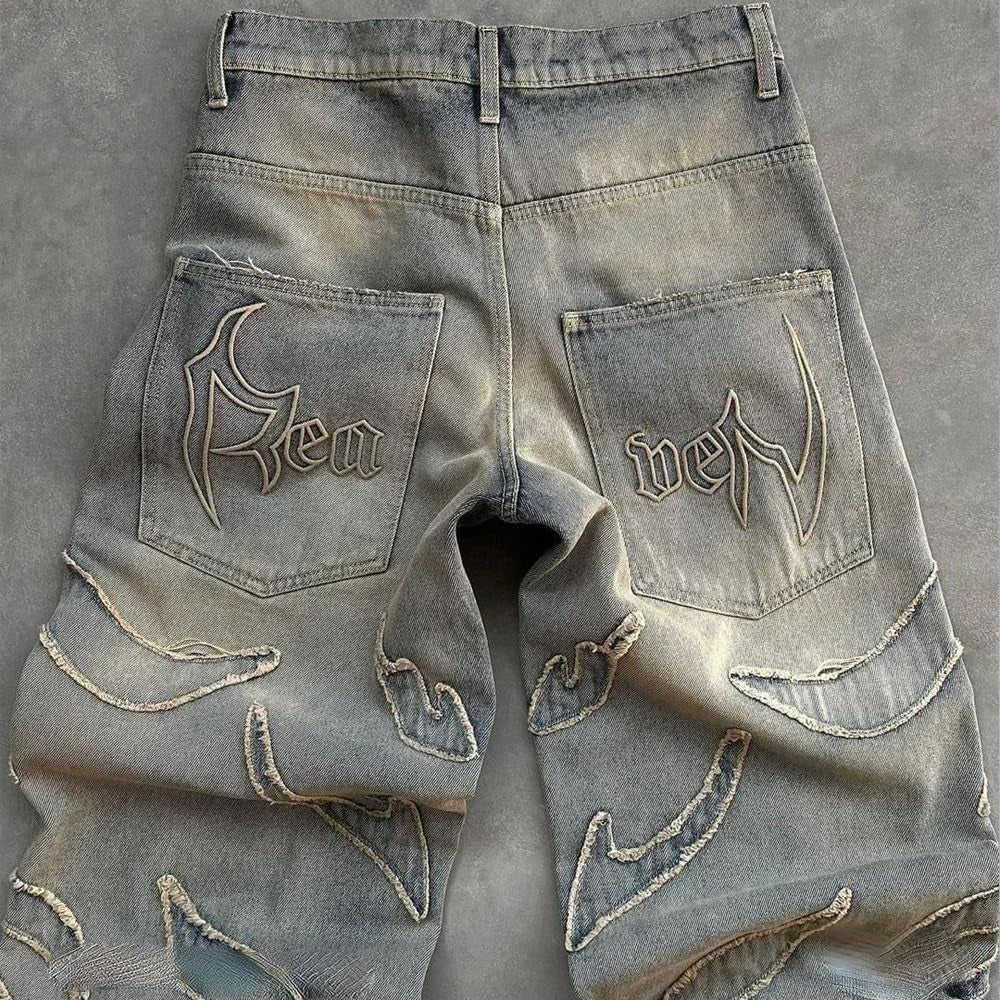 Men'S Loose Casual Pants American Y2K Retro Harajuku Style Bat Pattern Embroidered Jeans Fashionable Streetwear