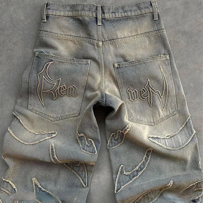 Men'S Loose Casual Pants American Y2K Retro Harajuku Style Bat Pattern Embroidered Jeans Fashionable Streetwear