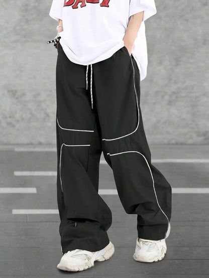 Mens Baggy Pants Y2K Contrast Piping Drawstring Sweatpants Fashion Unisex Oversized Cargo Pants for Men with Pockets