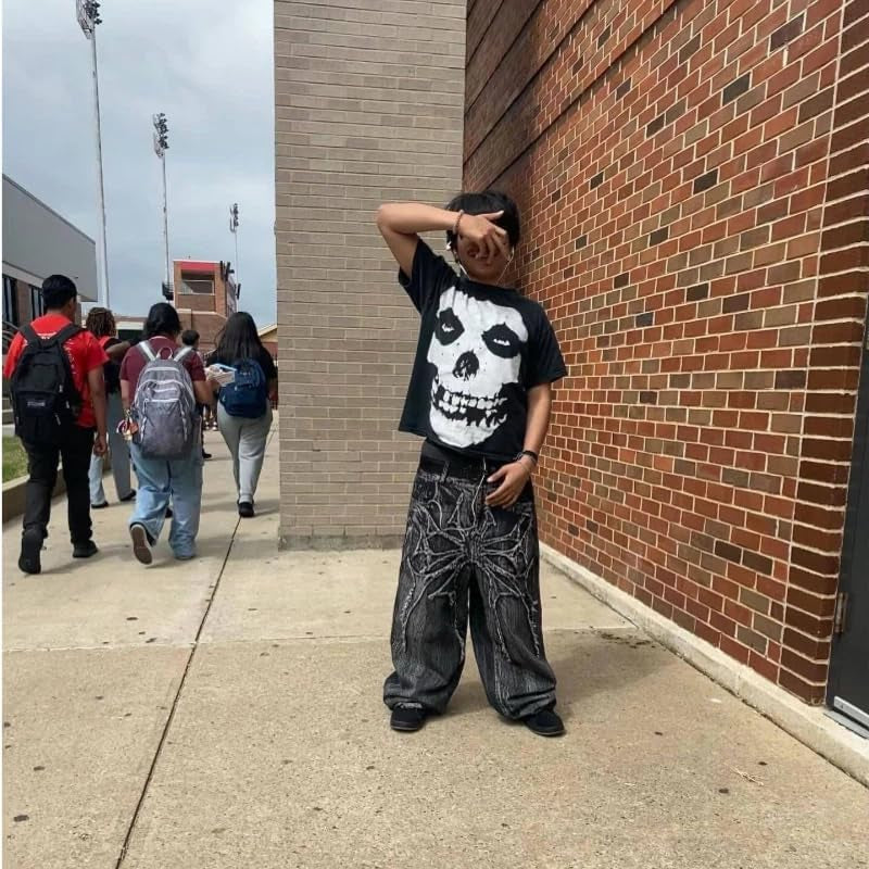 Men'S Jeans Gothic Spider Embroidery Patch Pants Y2K Distressed Wide Leg Denim Oversized Baggy Streetwear Trousers
