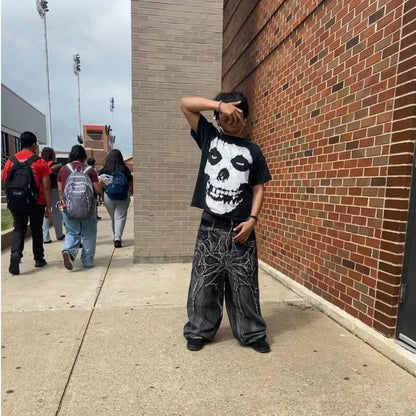 Men'S Jeans Gothic Spider Embroidery Patch Pants Y2K Distressed Wide Leg Denim Oversized Baggy Streetwear Trousers