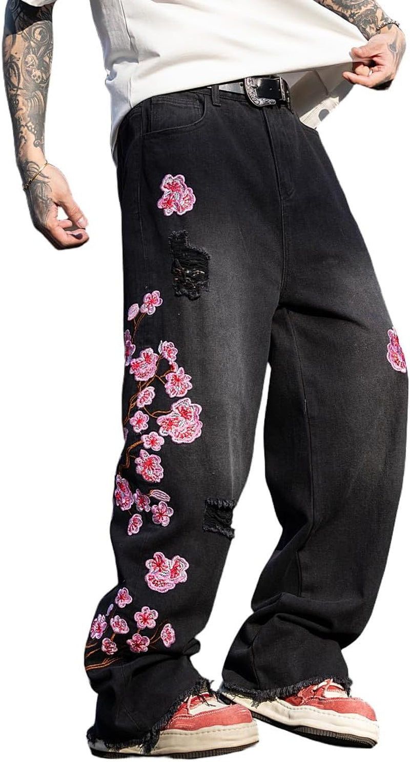 Men'S Y2K Hip Hop Baggy Jeans, Embroidered Wide Leg Loose Fit Skater Streetwear Denim Pants