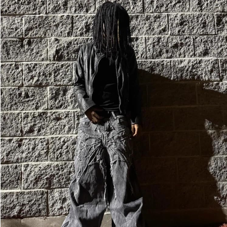 Men'S Jeans Gothic Spider Embroidery Patch Pants Y2K Distressed Wide Leg Denim Oversized Baggy Streetwear Trousers