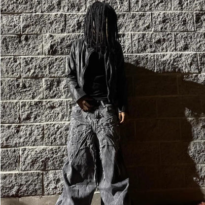 Men'S Jeans Gothic Spider Embroidery Patch Pants Y2K Distressed Wide Leg Denim Oversized Baggy Streetwear Trousers