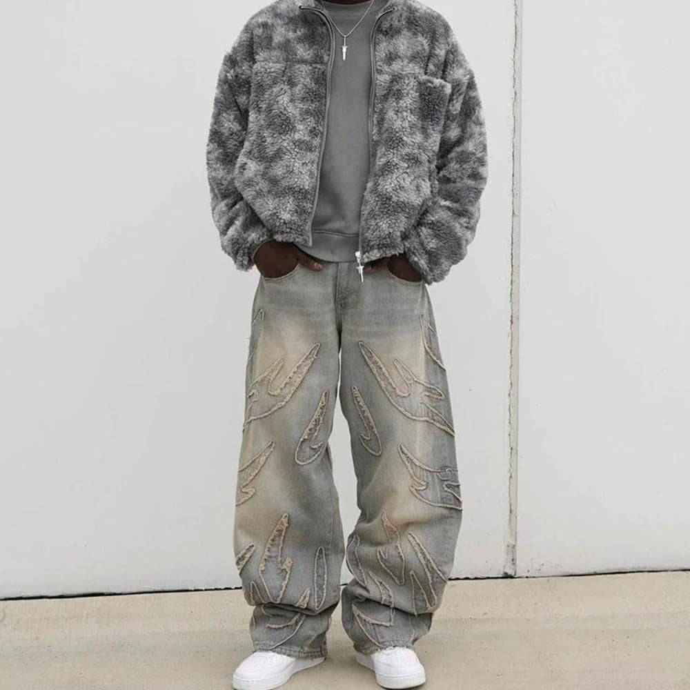 Men'S Loose Casual Pants American Y2K Retro Harajuku Style Bat Pattern Embroidered Jeans Fashionable Streetwear