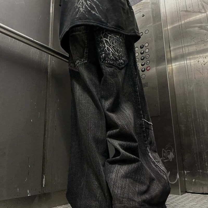 Men'S Jeans Gothic Spider Embroidery Patch Pants Y2K Distressed Wide Leg Denim Oversized Baggy Streetwear Trousers