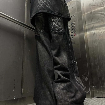 Men'S Jeans Gothic Spider Embroidery Patch Pants Y2K Distressed Wide Leg Denim Oversized Baggy Streetwear Trousers