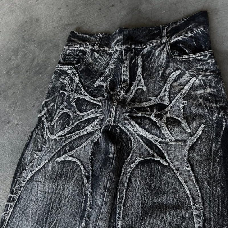 Men'S Jeans Gothic Spider Embroidery Patch Pants Y2K Distressed Wide Leg Denim Oversized Baggy Streetwear Trousers