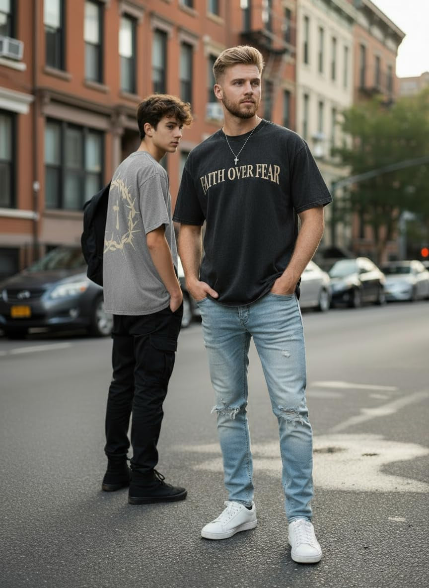 2 Packs Christian T Shirts for Men Oversized Tee Graphic Apparel Acid Washed Baggy Gym Top