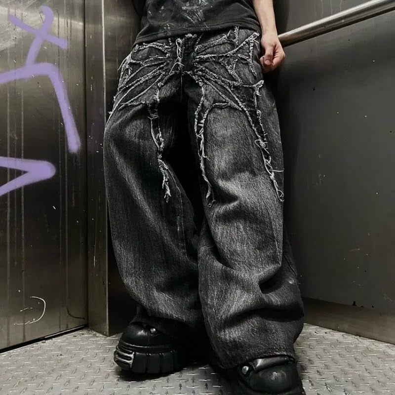 Men'S Jeans Gothic Spider Embroidery Patch Pants Y2K Distressed Wide Leg Denim Oversized Baggy Streetwear Trousers