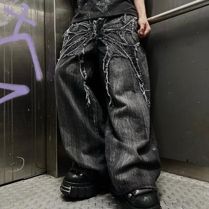 Men'S Jeans Gothic Spider Embroidery Patch Pants Y2K Distressed Wide Leg Denim Oversized Baggy Streetwear Trousers