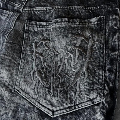 Men'S Jeans Gothic Spider Embroidery Patch Pants Y2K Distressed Wide Leg Denim Oversized Baggy Streetwear Trousers