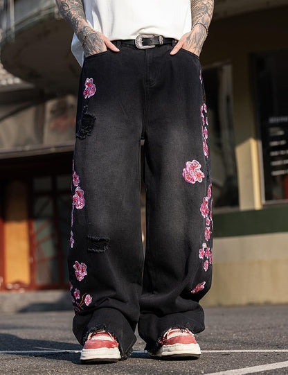 Men'S Y2K Hip Hop Baggy Jeans, Embroidered Wide Leg Loose Fit Skater Streetwear Denim Pants