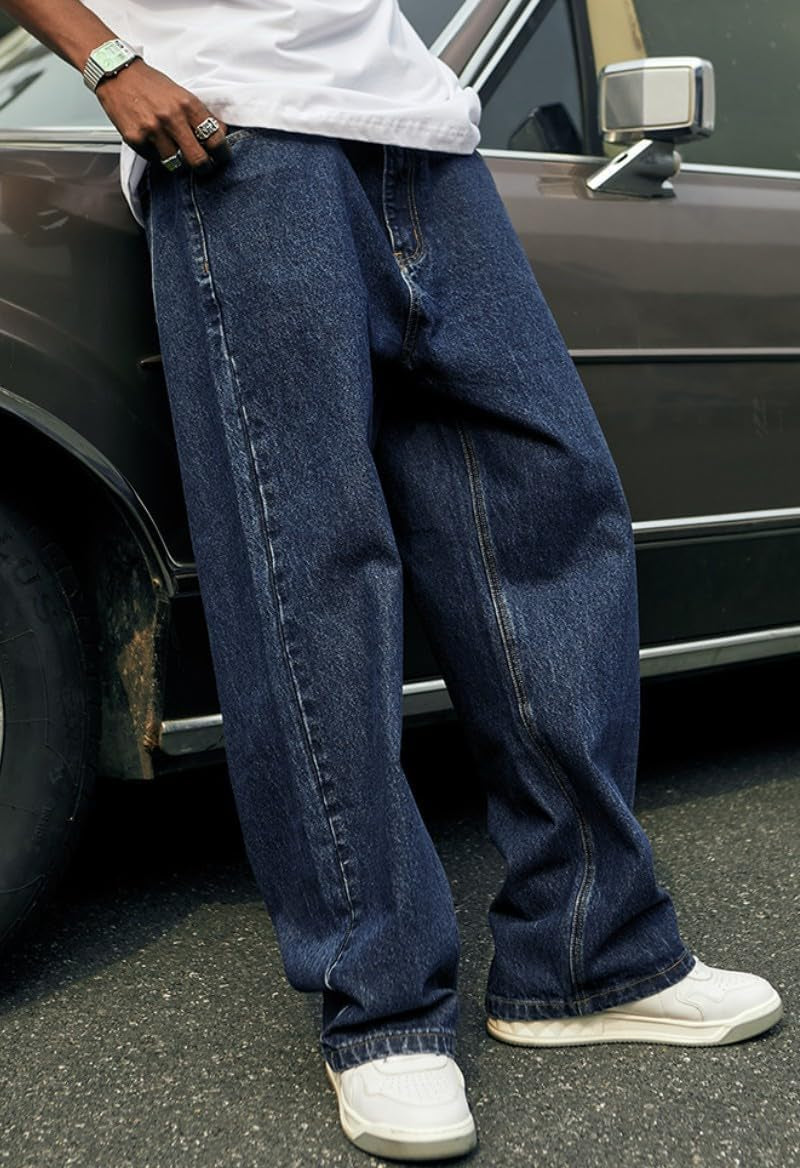 Mens Baggy Jeans Y2K Skater Vintage Plain Pants Casual Wide Leg Loose Fit Denim Hip Hop Jean